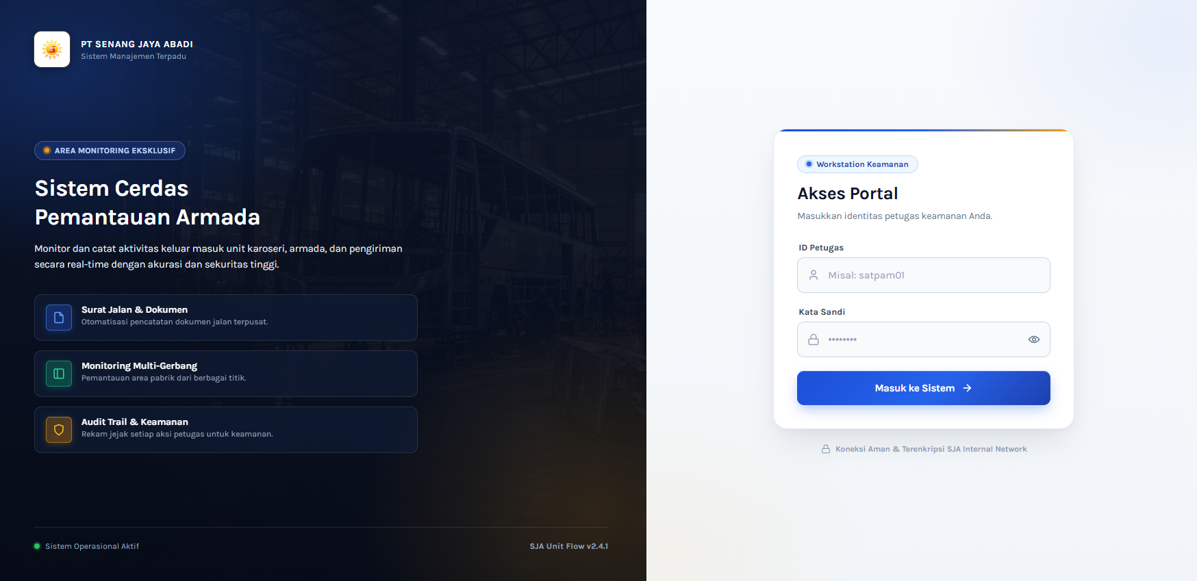 Portal akses petugas keamanan PT Senang Jaya Abadi, dengan informasi pemantauan armada dan formulir login.